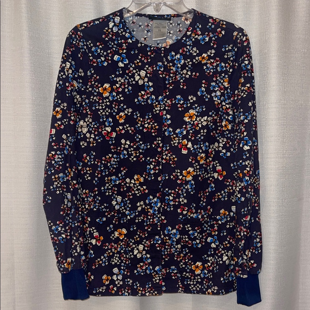Cherokee Floral Print Scrub Jacket - Navy Blue and White